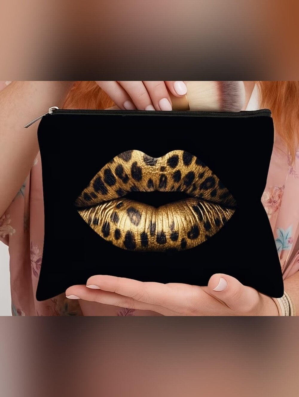 Cosmetic Bag with Gold Leopard Lip Print